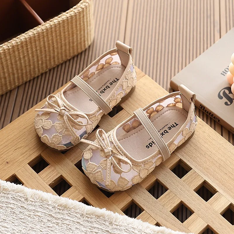 Girls Floral Lace Mary Janes Elastic Single Strap Front Bow Decor Breathable Mesh Flat Shoes For Princess Dress Matching