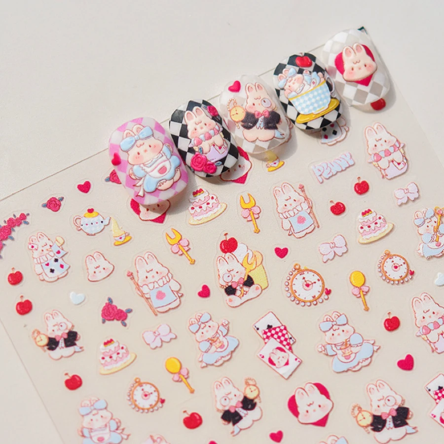 Lindo pequeño conejo regordete pegatina de uñas sueños en el país de las Maravillas pegatinas decoración de uñas DIY prensa en las uñas