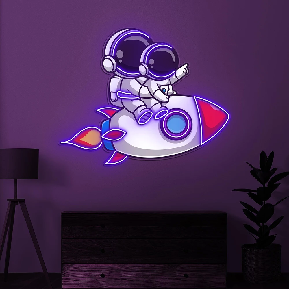 Couple Astronauts on Rocket Neon Sign Gaming Room Kids Room Decor LED Neon Light Home Bedroom Decor Neon Sign Personalized Gifts