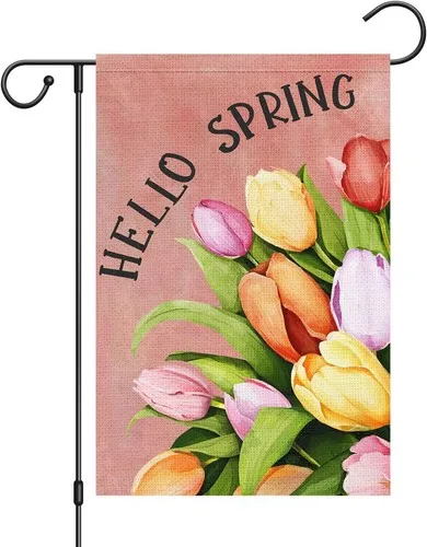 Welcome Spring Garden Flag Double Sided Vertical, Burlap Small Tulip, 12x18 XXQ