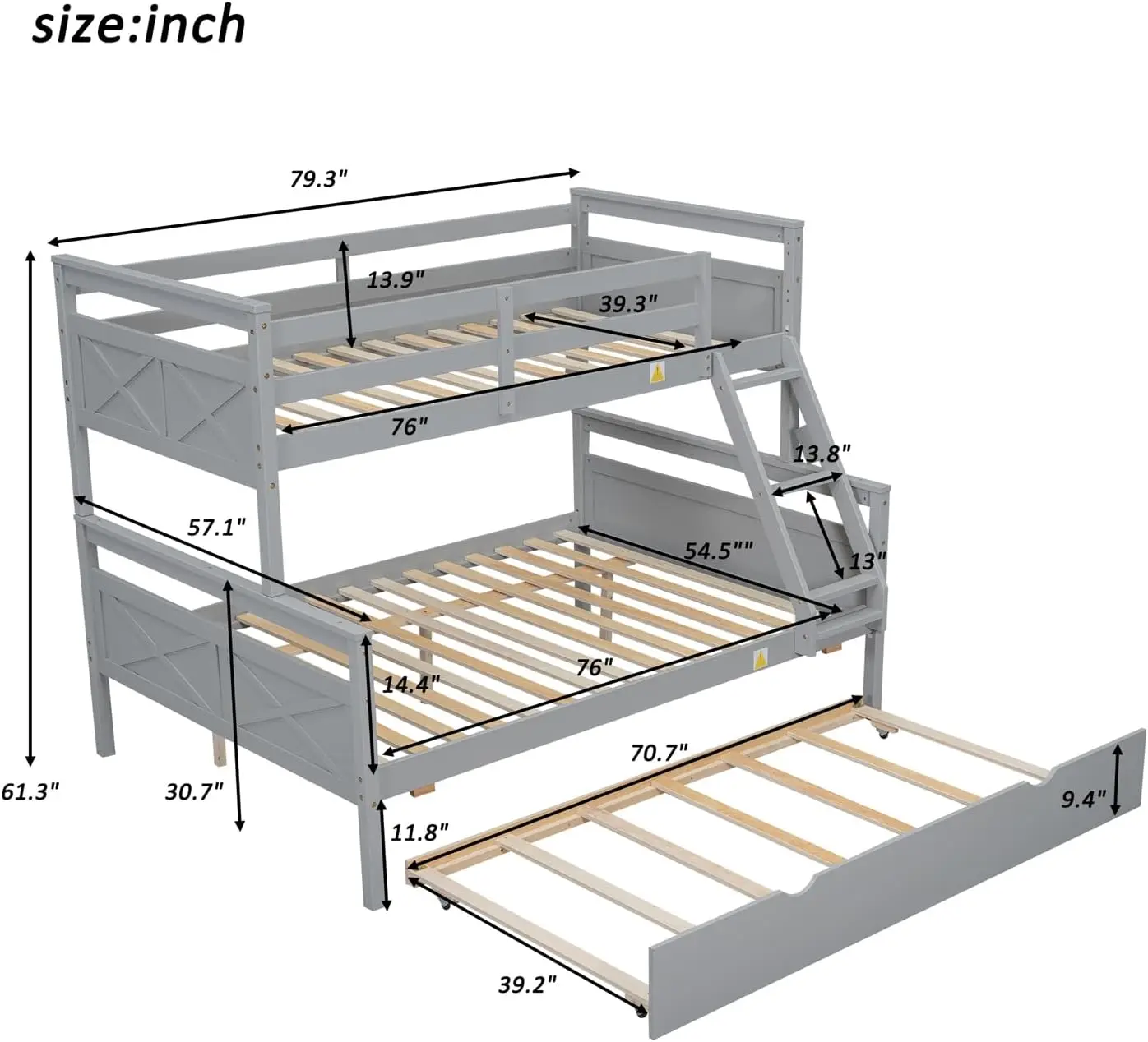 Merax Trundle Bunk Bed, Twin Over Full Wood Bunk Bed with Twin Size Trundle, Solid Wood Bunk Bed Frame with Guardrail