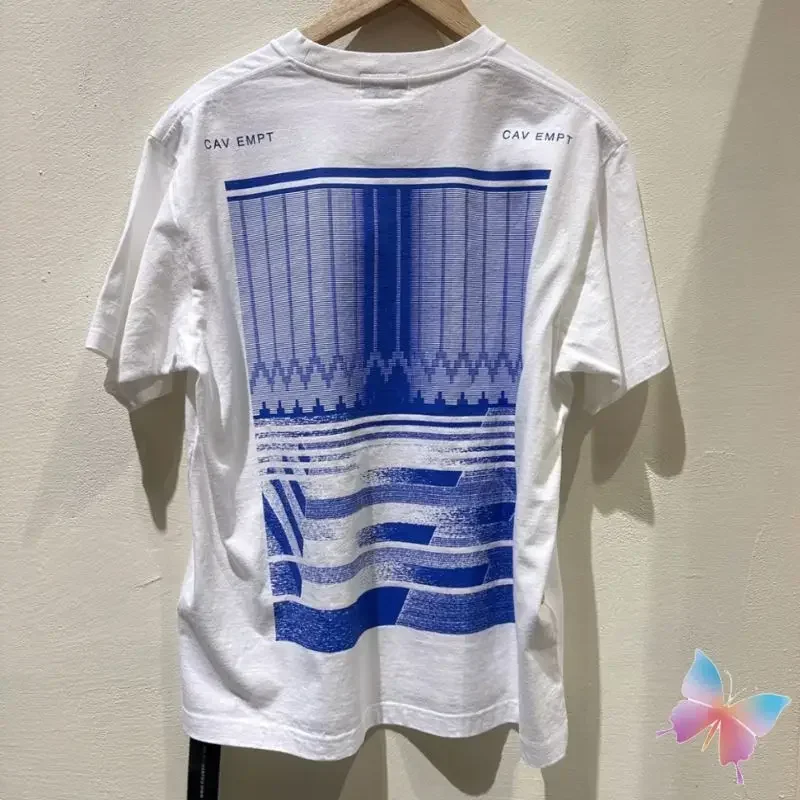 Men Women CAVEMPT Tshirts Blue Washed Wave Stripe Abstract Print Short Sleeve Casual Loose High Quality Cotton T-shirts