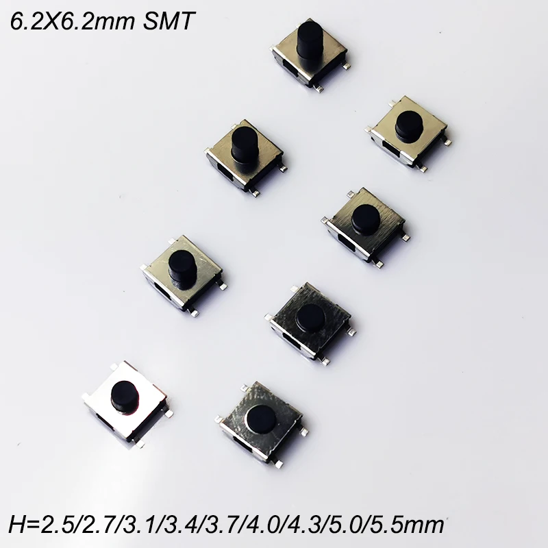 50pcs 6.2X6.2mm H=2.5/2.7/3.1/3.4/3.7/4/4.3/5/5.5mm 4Pin 5Pin SMD Black Red Momentary Tact Button PCB Mounting Click Button