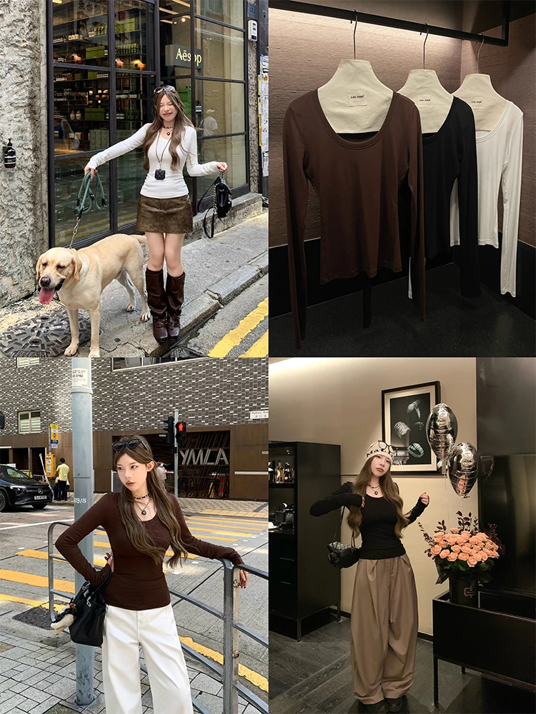 

Slim Fit Long Sve U-Ne Knitted Base irt Women's Spring Autumn Design Sense Thin T-irt Top Skin Friendly Breathable