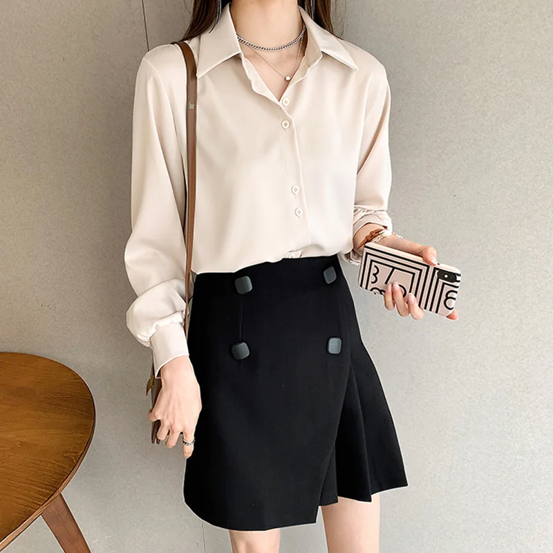 

Long Sleeve Shirts Women Satin Polka Dot Button Down Blouses Slim Fit Office Businesswearmal Elegant Style Spring Daily Clothing