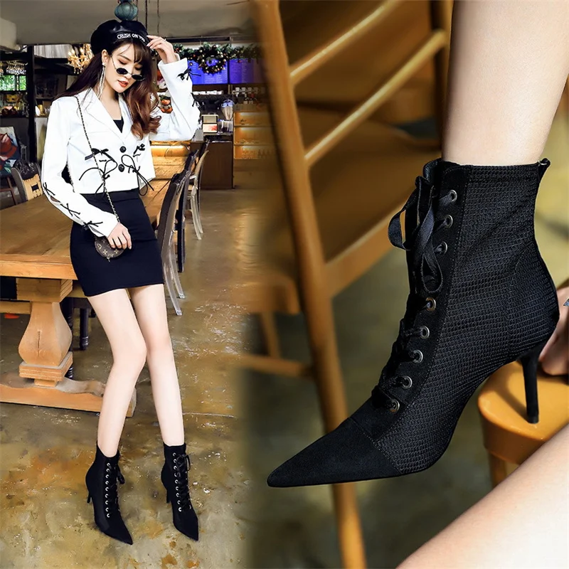 

New Fashion Punk Women Ankle Boots Cross Straps Lace Up Pointed Toe High Heel Winter Black Chelsea Pumps Suede Short Boots