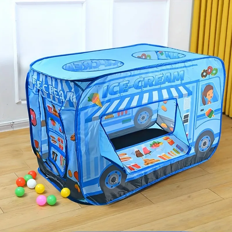 Tente de jeu voiture de crème glacée bleue Pop up 3 ouvertures maison de jeu pour enfants camion à desserts bleu salle de jeu à thème adaptée à l'intérieur et à l'extérieur