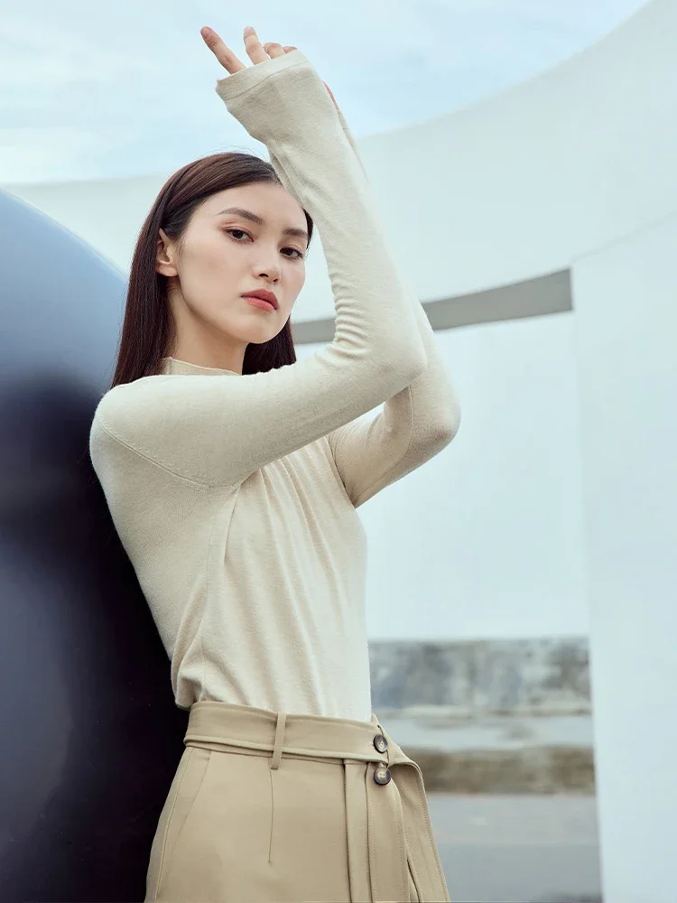 AMII Minimalism Women's Sweater Mock Neck Long Sleeve Pullover Tops 2025 Autumn New Slim Basic Solid Knitted Sweaters 12363002