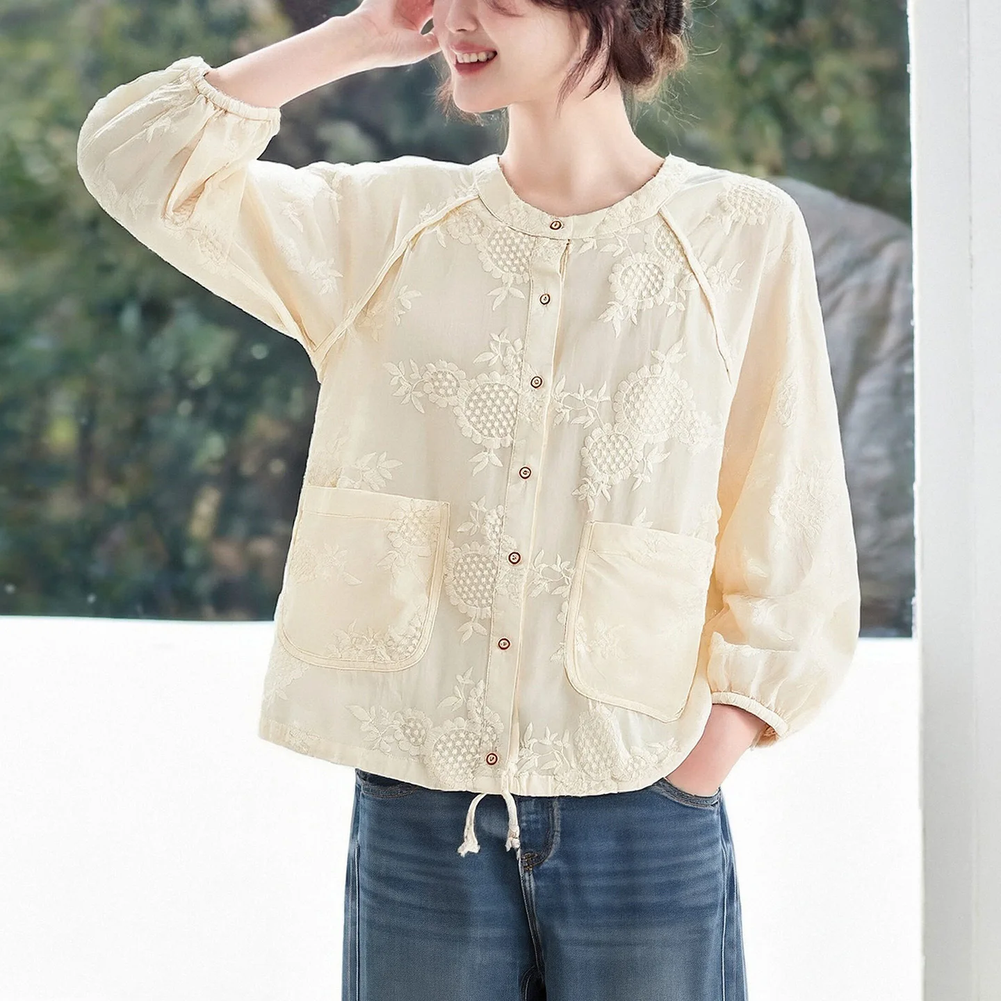 

Ele Pure Cotton Long Sve Women's irt Embroidered Suower round Ne Top Spring Faion New Sle Floral Stitched B...