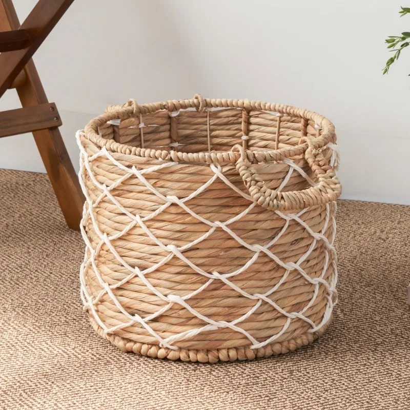 

Natural Brown Round Water Hyacinth Basket Woven With Handles For Clothes Towels Canvas Toys Magazine Storage Home Decoration