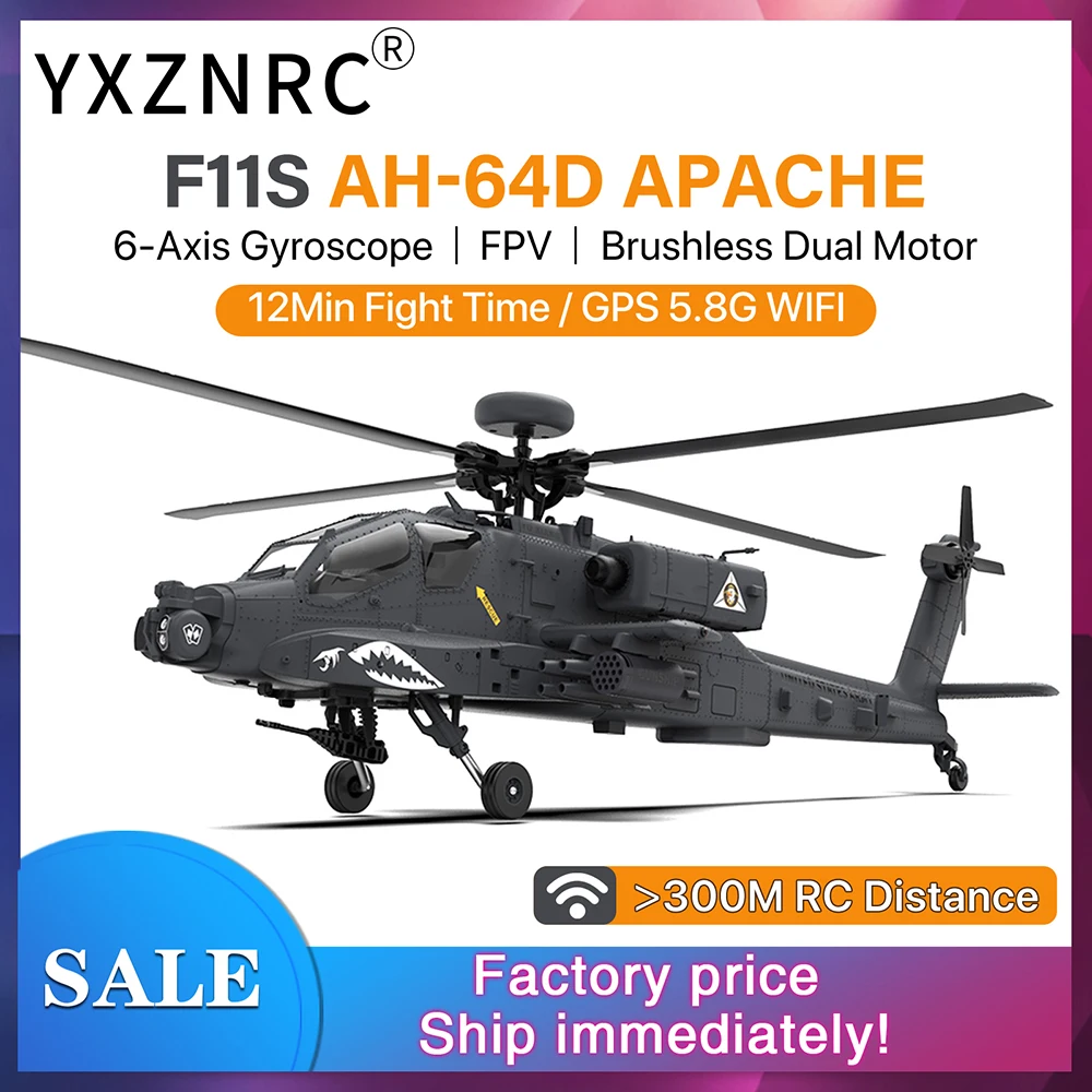 

​YXZNRC F11S RC Helicopter 1:32 AH-64D Apache 2.4G 6-Axis Gyro 9CH GPS Optical Flow Positioning 5.8G FPV Camera Flybarless RTF