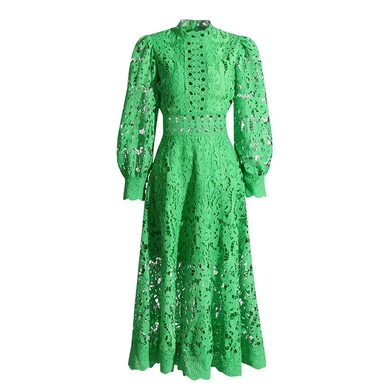 

French Elegant Holiday Flower Embroidery Lace Midi Dress Women Lantern Long Sleeve Stand Hollow Out Crochet Party Vestidos