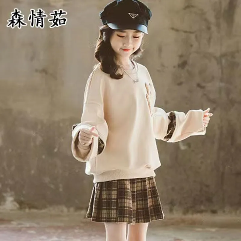 2024 Autumn Winter Girls Clothes Teenager Bear Hoodie T shirt + Plaid Spring JK Pleated Skirt Uniform 4 5 6 7 8 9 10 11 12 Year