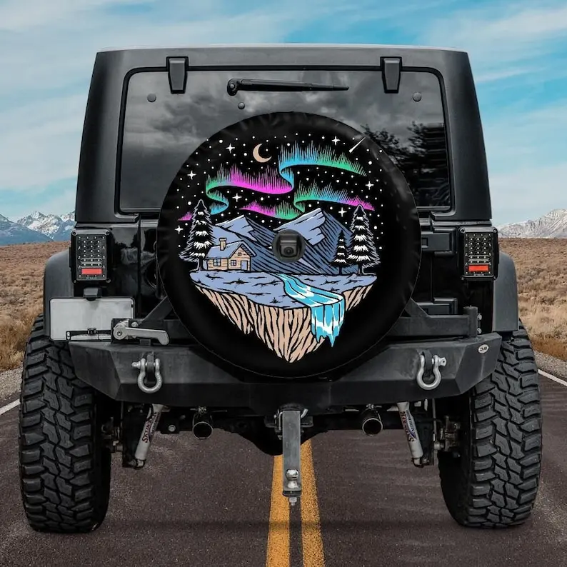 Spare Tire Cover with Night Mountains and Aurora Borealis design, Mountains Tire Cover with camera hole, Wheel Cover, Owner Gift