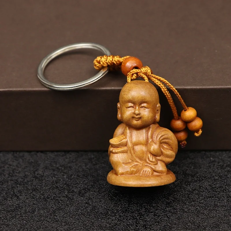 2026 Fashion Cute Wooden Keychain Buddha Monk Carving Pendant Key Ring Person Shape Key Holder Jewelry Gift Accessories