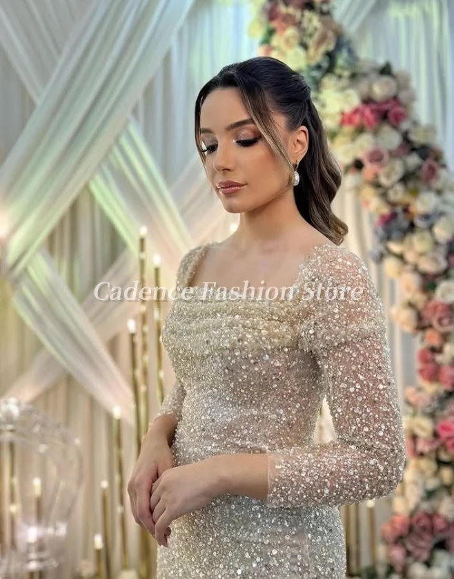 Gaun pengantin seksi putri duyung kustom 2025 payet berkilau Applique gaun pengantin mewah lengan panjang