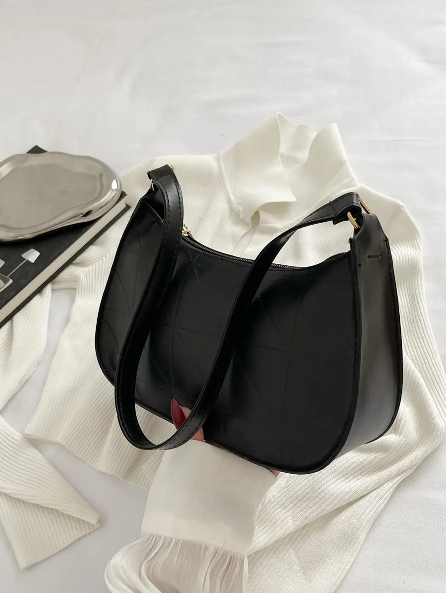 

Black Quilted Zipper Shoulder Bag with Geometric Pattern, Casual Work Tote