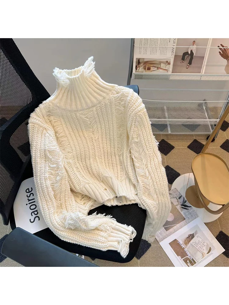 

Autumn Winter Woman Korean Solid Color Turtleneck Pullovers Mohair Jumper Sweater Knitwears Vintage Thick Baddie Style Tide New