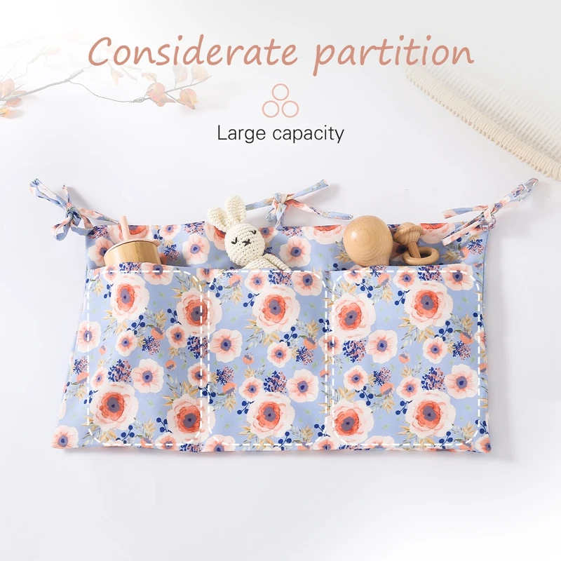 Portable Baby Crib Storage Bag Floral Large Capacity Hanging Crib Organizer Cotton Nursery Diaper Organizer For Baby Essentials