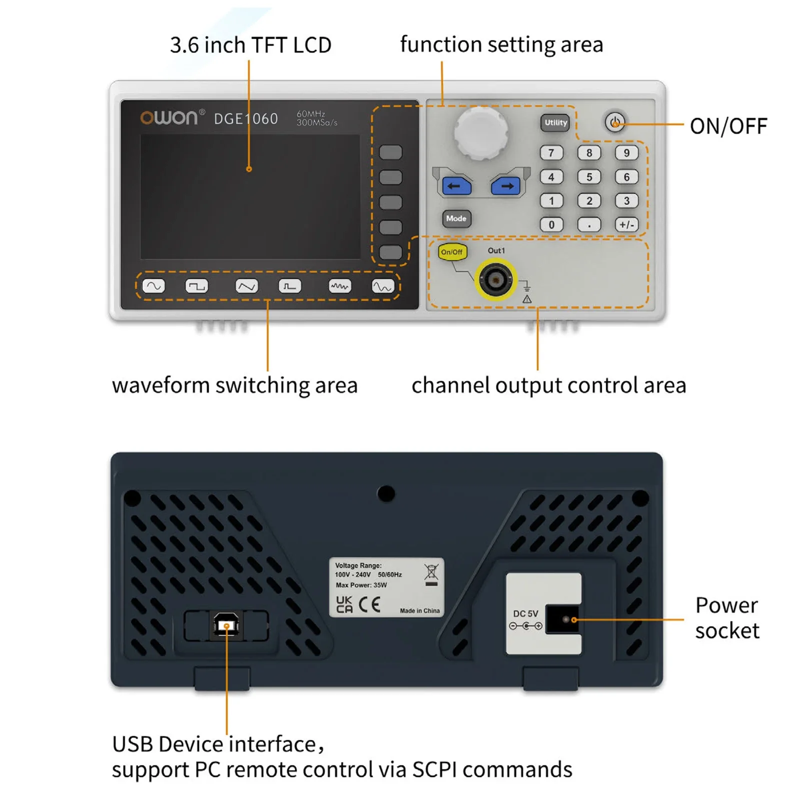 OWON DGE1060 Arbitrary Waveform Signal Generator Single Channel 60MHz 1CH 3.6-inch Desktop 14 bit Supports SCPI labview function