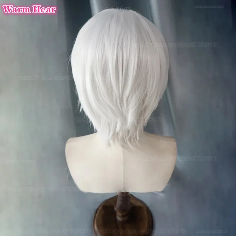 アニメコスプレ銀白色ショートヘア28cmと耳アクセサリー耐熱ヘアハロウィンパーティーニュートラルウィッグ