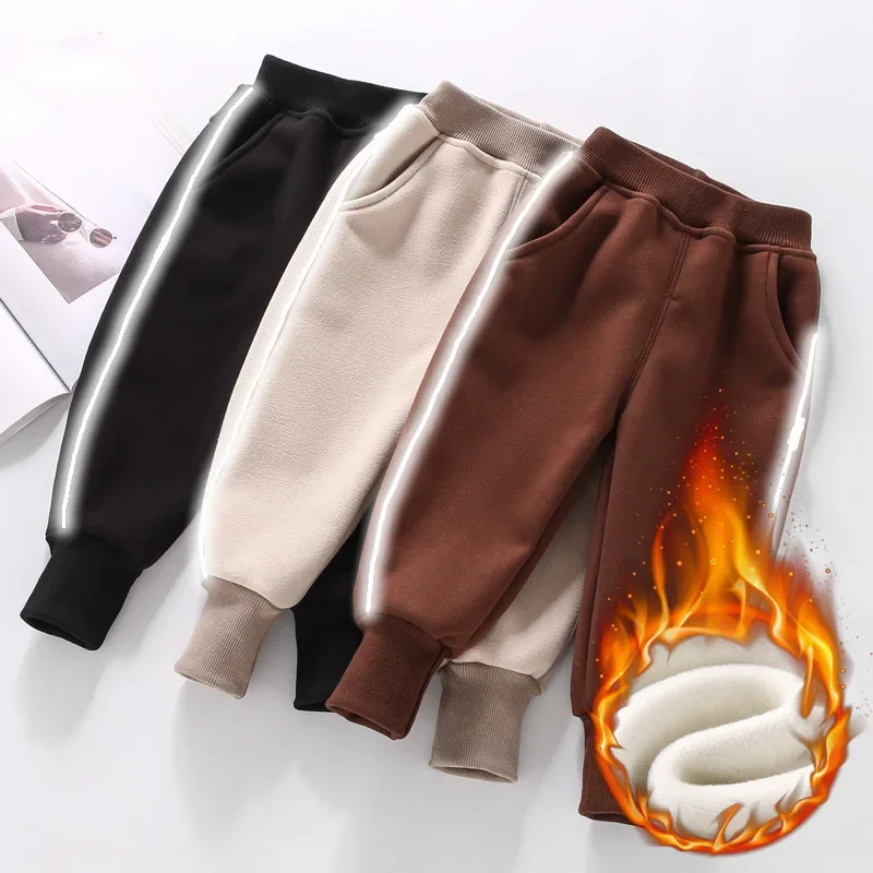 Boys casual pants medium and small children's autumn and winter integrated velvet boys thermal  baby reflective strip long pants