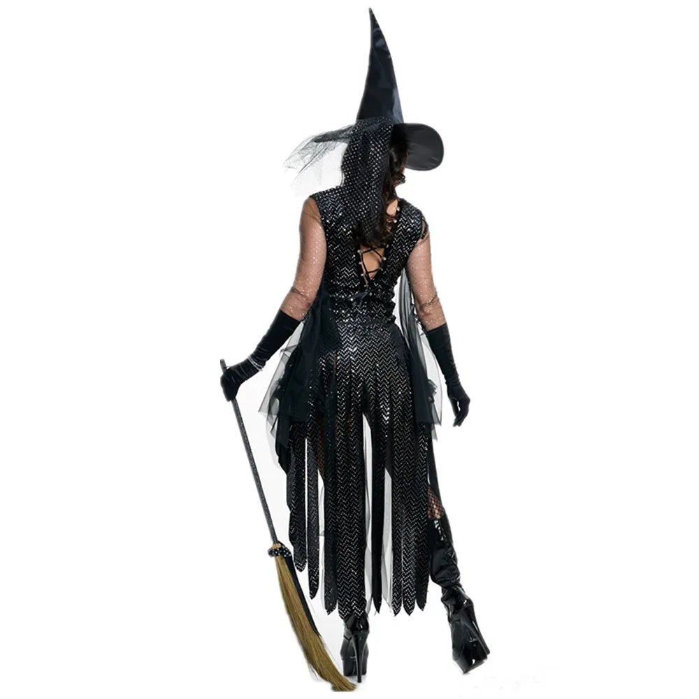 Disfraz de bruja Sexy para mujer, traje de Cosplay de fiesta de lujo para adultos, negro, Halloween