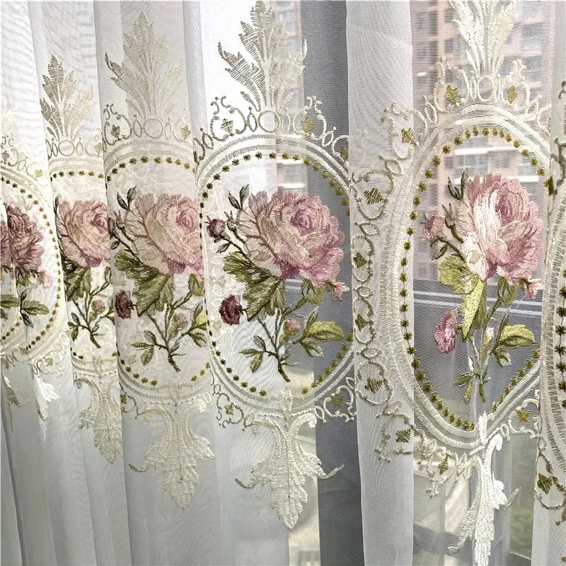 

American Luxury Peony Embroidery Tulle Curtain For Living Room European Elegant Flower Embroidery Sheer Voile Drapes For Bedroom