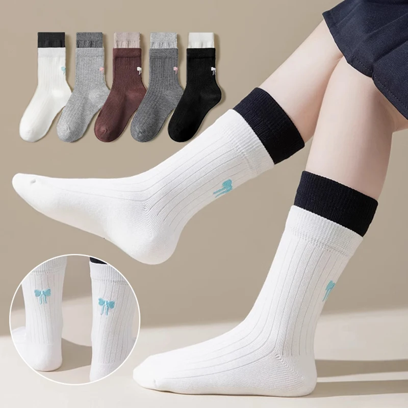 

5Pairs Embroidery Bow Kids Socks Spring Autumn Children Middle Tube Socks 2-12Year Girl Calf Stockings Soft Cotton Baby Footwear