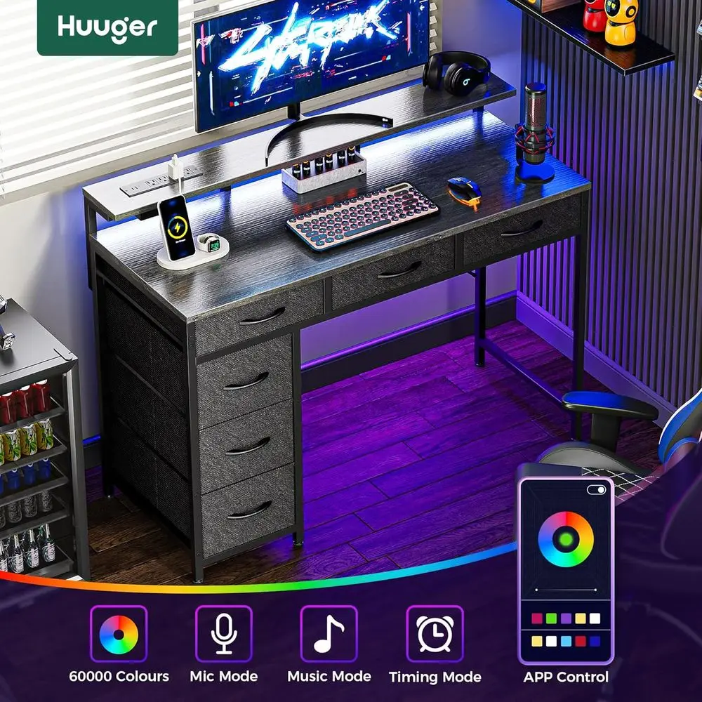 مكتب رمادي 39 مع 6 أدراج، LED وType-C، حامل شاشة، محطة عمل المكتب المنزلي