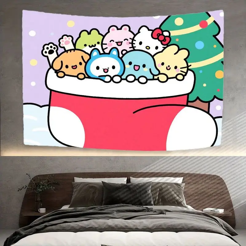 1PC 헬로 키티 & 친구 Kawaii 크리스마스 스타킹 태피스트리 휴일 벽 예술 귀여운 만화 폴리 에스터 홈 장식 거실 침실