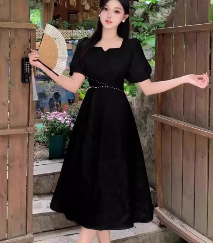 فستان جاكار أنيق مقاس كبير أسود بأكمام قصيرة ورقبة مربعة فستان بناتي صيفي بمزاج فرنسي عالي الخصر على شكل حرف a فساتين بسيطة #2