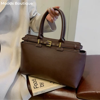 Büyük Boy Kadın Üstten Saplı Çanta Retro Saf Renk Büyük Kapasiteli Alışveriş Tote 2024 Kış Son Trendy Lüks Tasarım Çanta