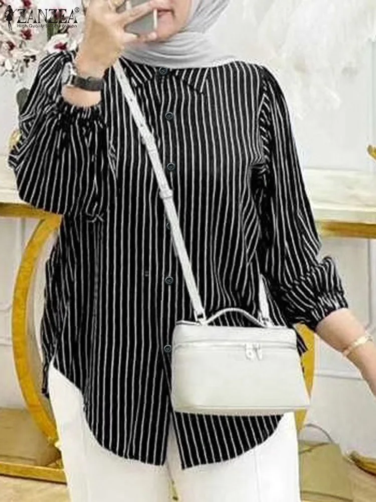 ZANZEA Women Muslim Fashion Striped Shirts Islamic Hijab Long Sleeve Lapel Neck Rounded Hem Camisas Fall 2024 Button Up Blouses