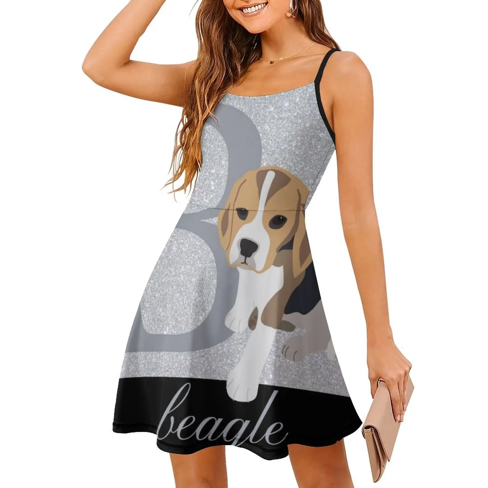 B مخصص لبيغل كارتون جرو الكلب مع بريق الفضة المرأة فستان حفلة أنيقة فستان على شكل حرف a مع قصير/طويل/أكمام