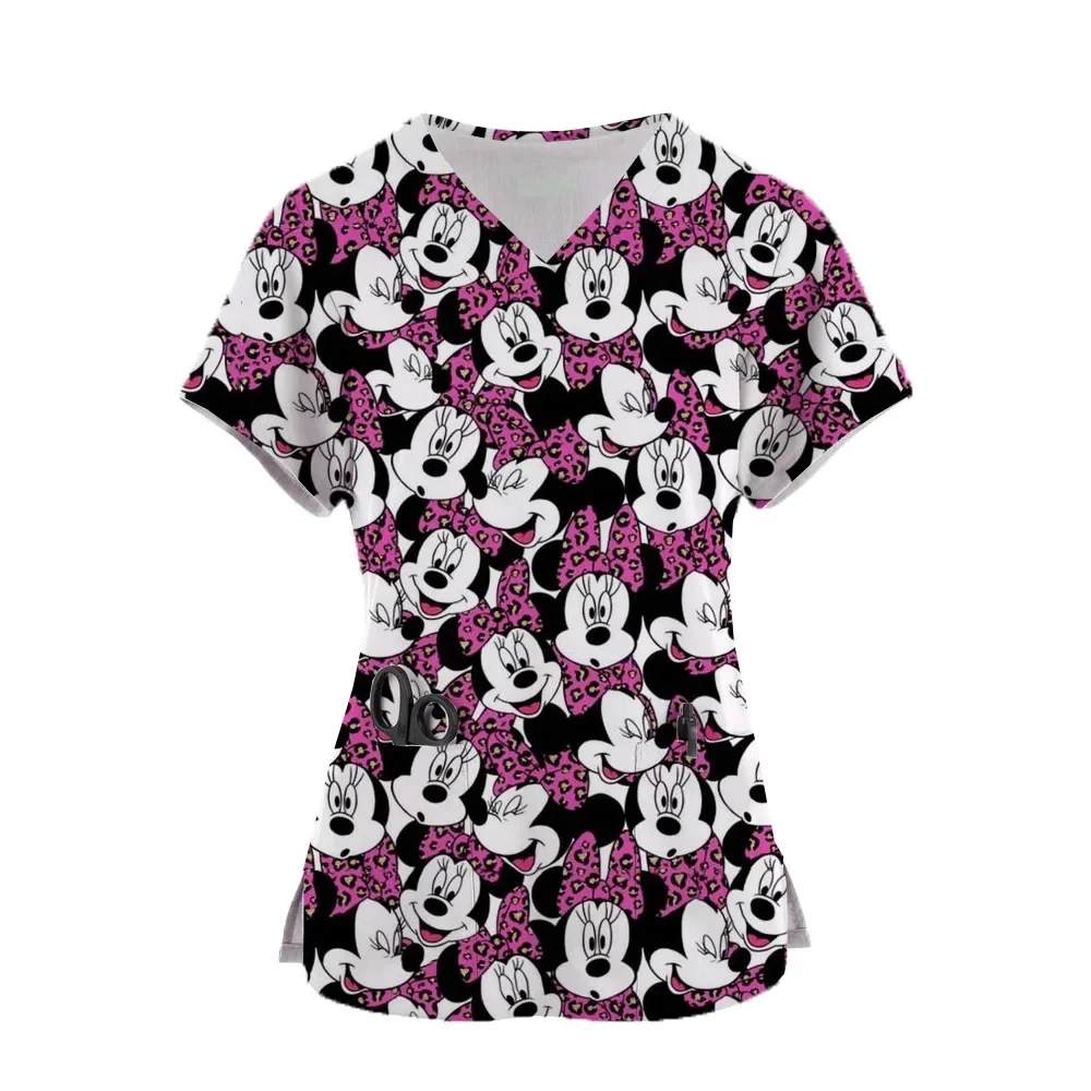 

Women Nurse Uniform Disney Minnie print Short Sleeve V-neck Tops Femme Blouse With Pockets Nurse Work Wear Medical Uniforms