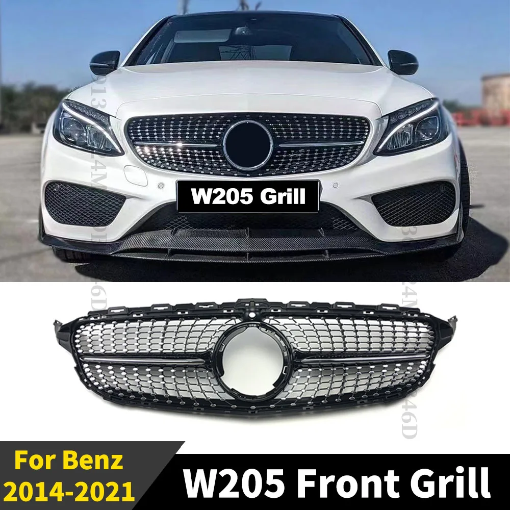 

Front Bumper Grill For Mercedes Benz W205 C class 2014-2018 2019-2021 C180 C200 C300 C260 Grilles With Camera Diamond Style