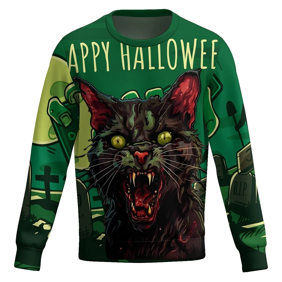 LIASOSO Men’s Halloween Long Sleeve Sweatshirt 3D Black Cat Design Mystical Magic Supernatural Spooky Animal Series Party Wear