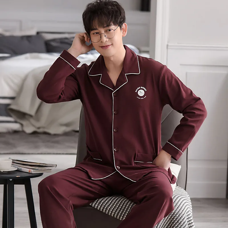 Plus Size M-4XL Spring and Autumn Men Pajamas Set 100% Cotton Long Sleeve Sleepwear Male Turn-down Collar Pijama