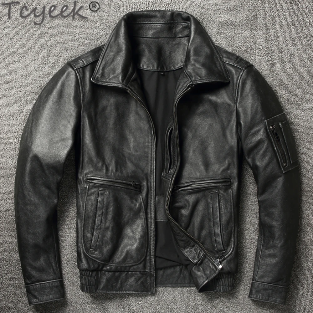 

Genuine 100% Men's Cowhide Jacket Male's Casual Motorcycle Bomber Leather Coat Black Chaquetas Hombre FCY