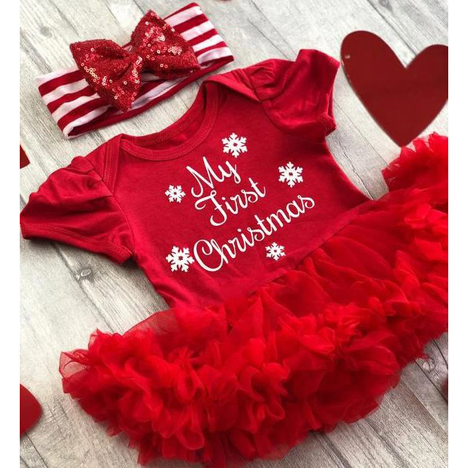 

2Pcs Baby Christmas Outfit Snowflake Mesh Splicing Short Sleeve Romper Sequin Bow Headband Babby Xmas Bodysuits Clothing