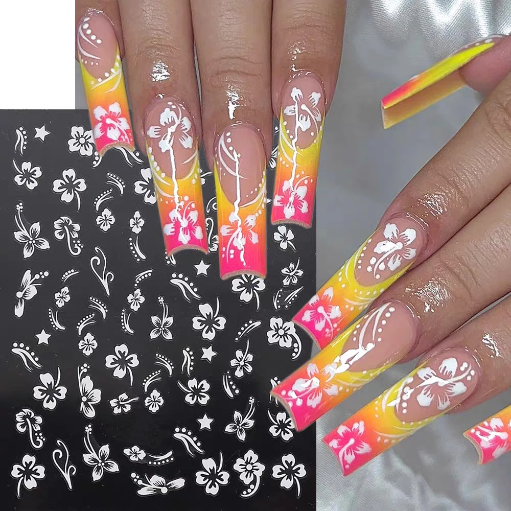 1pcs 3D Hawaiian Flowers Nail Art Stickers Summer Decoration Hibiscus Flowers/White Flowers Nail Decals Tropical Leaves Slider