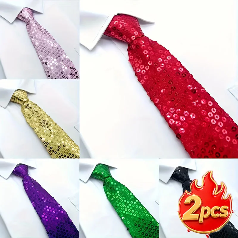 2-Piece Set of Sequin Zipper Ties 8cm (3.15in) Pre-Tied No-Knot Colorful Shiny Ties Unisex Black Red Silver Green Blue Multicolor Stage Performance Party Christmas Halloween Masquerade Outfit