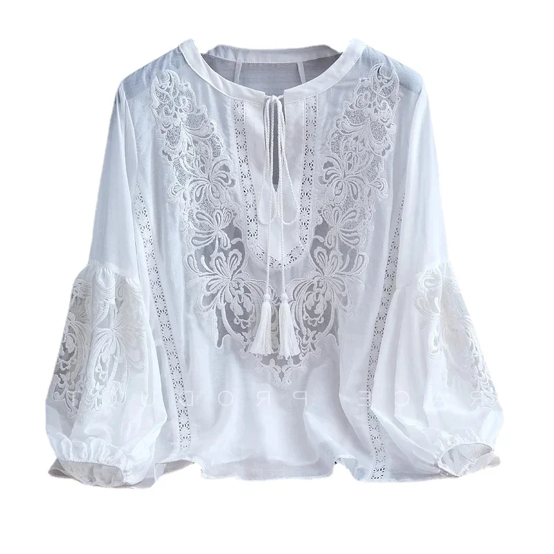 Blusas Mujer De Moda Summer Elegant Blouses Women\'s Clothing Embroidery Lantern Sleeve Shirts Loose Lace White Tops Femme N168