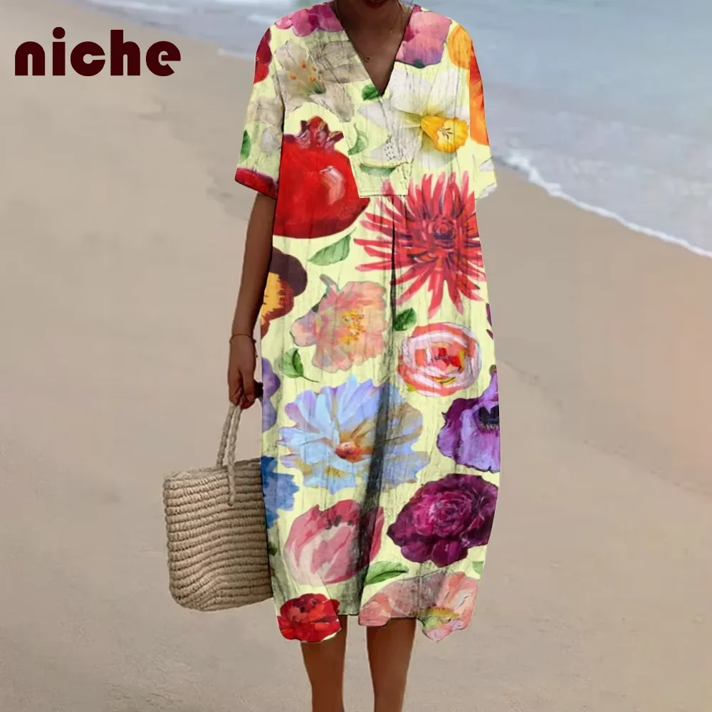 

Retro Ladies Dress Big Flower Graphic Printing Trend 2024 New Beach Long Skirt High Quality Bamboo Hemp Soft Fabric