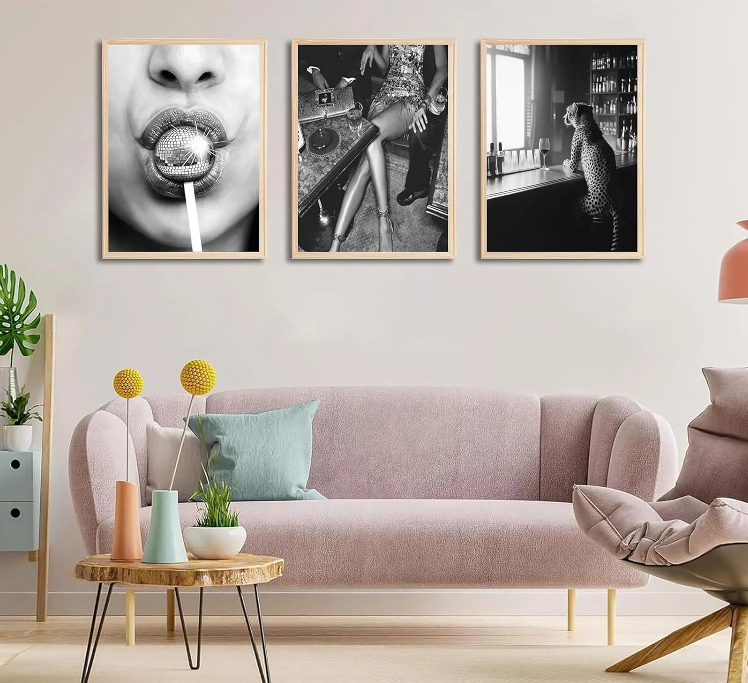 

3pcs Black White Fashionable Girl Canvas Art Retro Disco Ball Lollipop Painting Picture Wall Decoration Cheetah Bar Home Decor