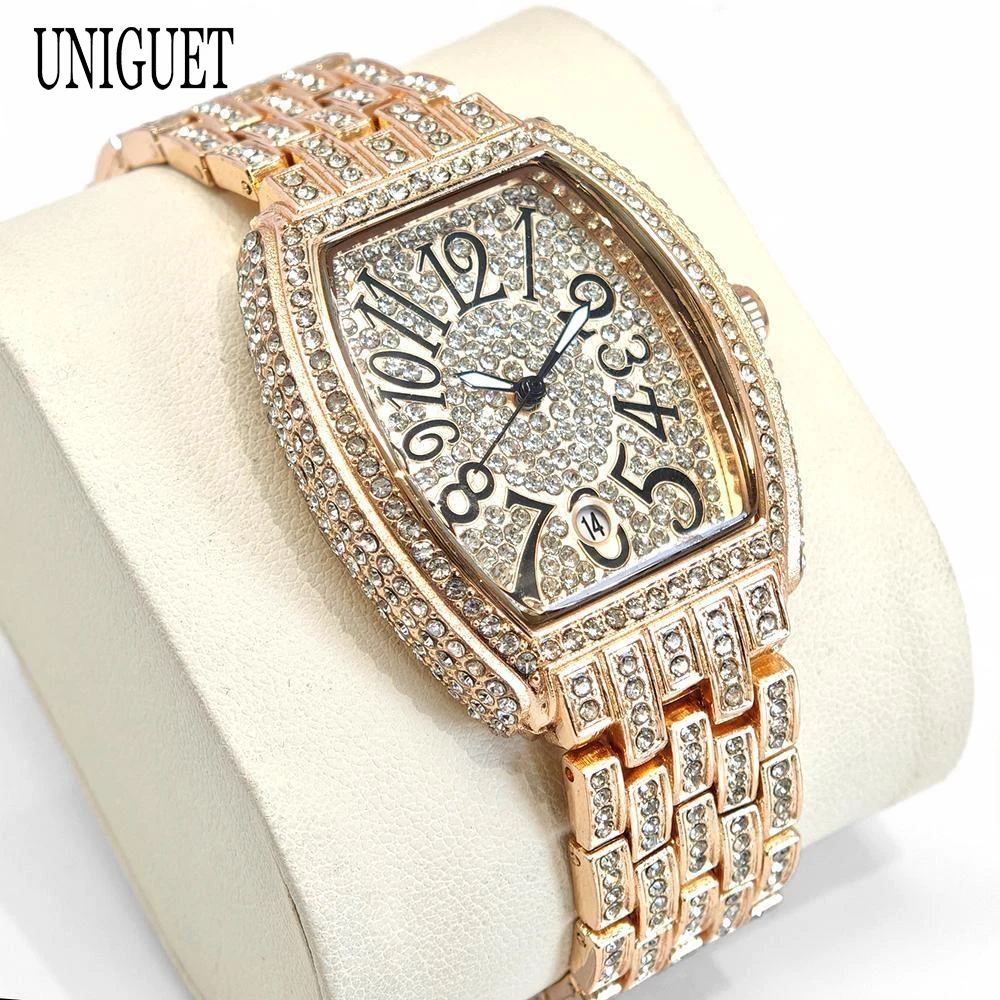 UNIGUET Luxury Rose Ice Watch For Women Elegant Diamond Jewelry Wrist Watch Ladies Fashion Waterproof Tonneau Quartz Wristwatch