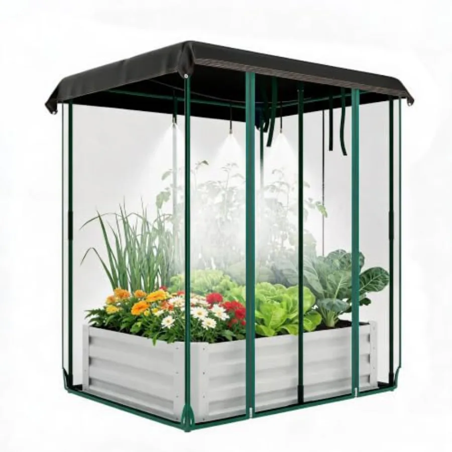 Outdoor raised planter for vegetables, flowers herbs; galvanized steel; gray; 3-in-1 with insect mesh, shade cloth drip irrigat