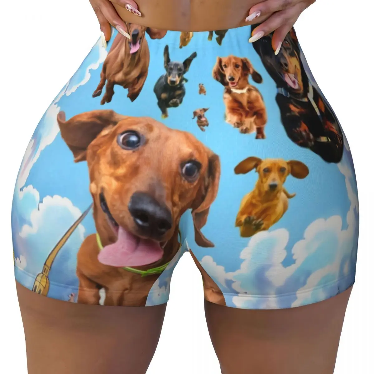 Custom Dachshund Falling Down Volleyball Biker Workout Shorts Women's Wiener Badger Sausage Dog Athletic Gym Yoga Shorts