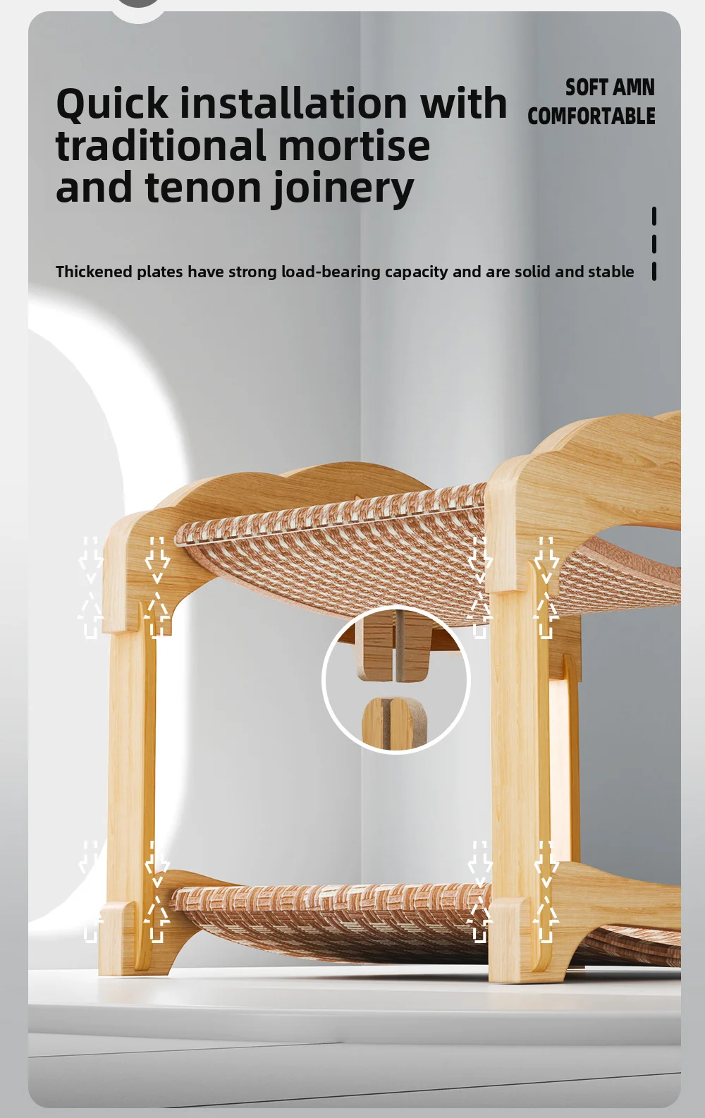 Double Layer Cat Bed Mortise Tenon Detachable Easy Assembly Wear-Resistant Elevated Cat Nest Wooden Furniture Breathable Cushion view 3